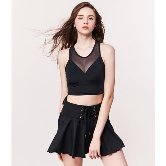 Wave Shine Skirt Set Maroon Waist Cinched Corset Swim Skirt/ Mesh Halter Bikini - Picture 6 of 16